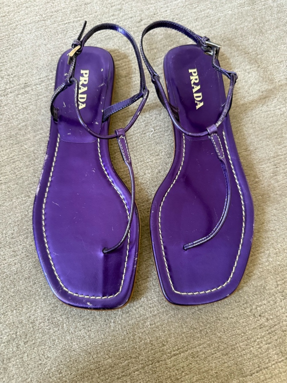 Prada Metallic Purple Leather T-Strap Sandals